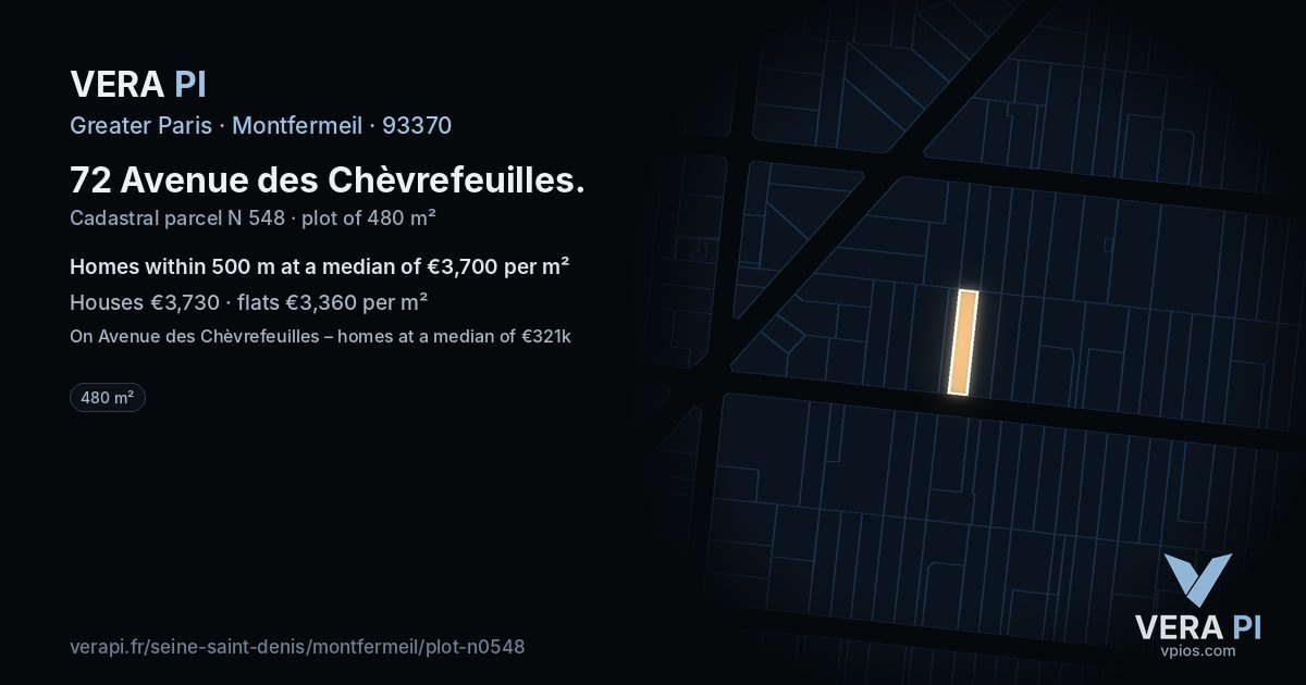 72 Avenue des Chèvrefeuilles, Montfermeil at night – the plot lit, the parcels around coloured by the prices near them