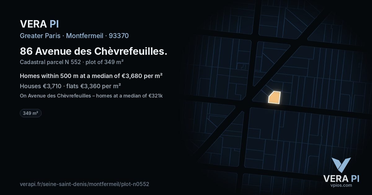 86 Avenue des Chèvrefeuilles, Montfermeil at night – the plot lit, the parcels around coloured by the prices near them