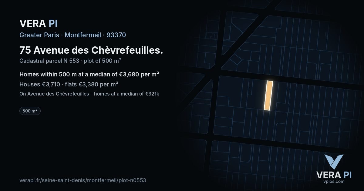75 Avenue des Chèvrefeuilles, Montfermeil at night – the plot lit, the parcels around coloured by the prices near them