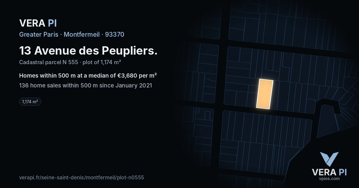 13 Avenue des Peupliers, Montfermeil at night – the plot lit, the parcels around coloured by the prices near them