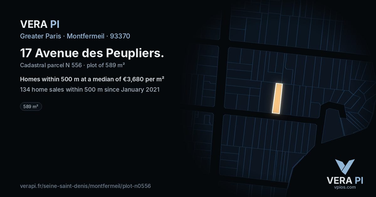 17 Avenue des Peupliers, Montfermeil at night – the plot lit, the parcels around coloured by the prices near them