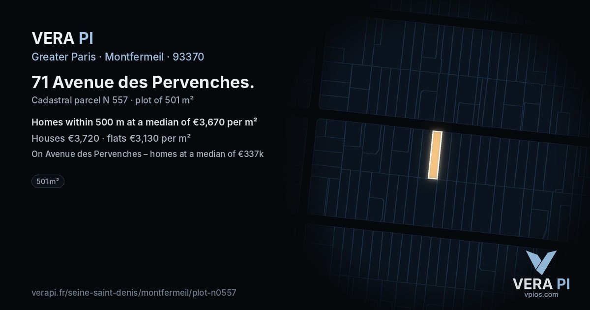 71 Avenue des Pervenches, Montfermeil at night – the plot lit, the parcels around coloured by the prices near them