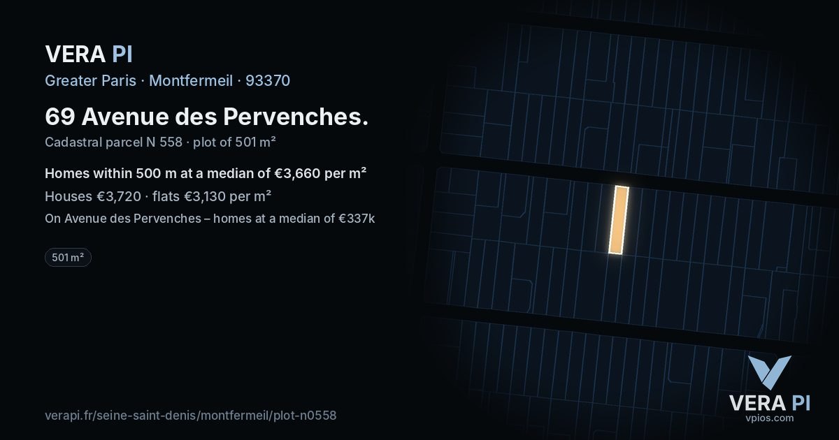 69 Avenue des Pervenches, Montfermeil at night – the plot lit, the parcels around coloured by the prices near them