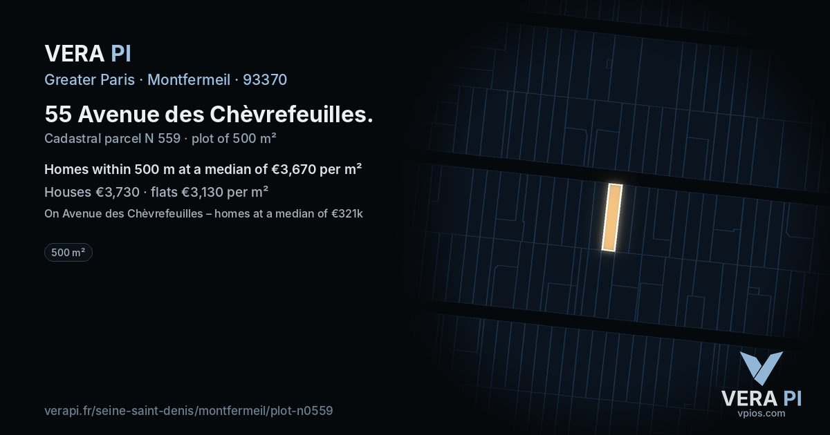 55 Avenue des Chèvrefeuilles, Montfermeil at night – the plot lit, the parcels around coloured by the prices near them
