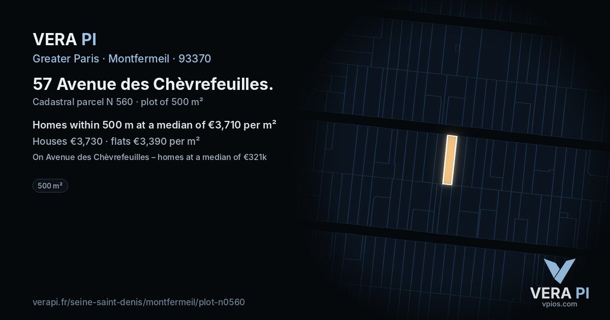 57 Avenue des Chèvrefeuilles, Montfermeil at night – the plot lit, the parcels around coloured by the prices near them