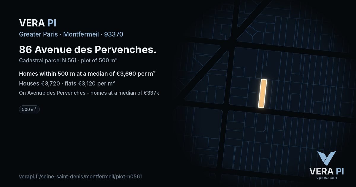 86 Avenue des Pervenches, Montfermeil at night – the plot lit, the parcels around coloured by the prices near them