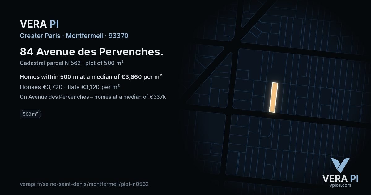 84 Avenue des Pervenches, Montfermeil at night – the plot lit, the parcels around coloured by the prices near them