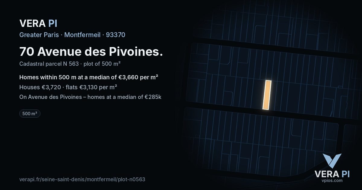 70 Avenue des Pivoines, Montfermeil at night – the plot lit, the parcels around coloured by the prices near them