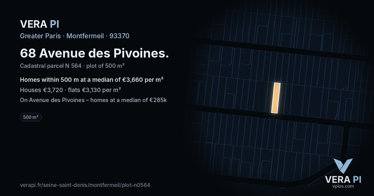 68 Avenue des Pivoines, Montfermeil at night – the plot lit, the parcels around coloured by the prices near them