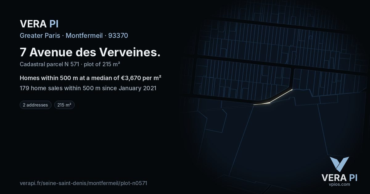 7 Avenue des Verveines, Montfermeil at night – the plot lit, the parcels around coloured by the prices near them