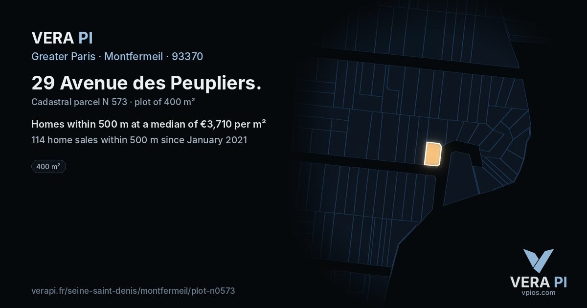 29 Avenue des Peupliers, Montfermeil at night – the plot lit, the parcels around coloured by the prices near them