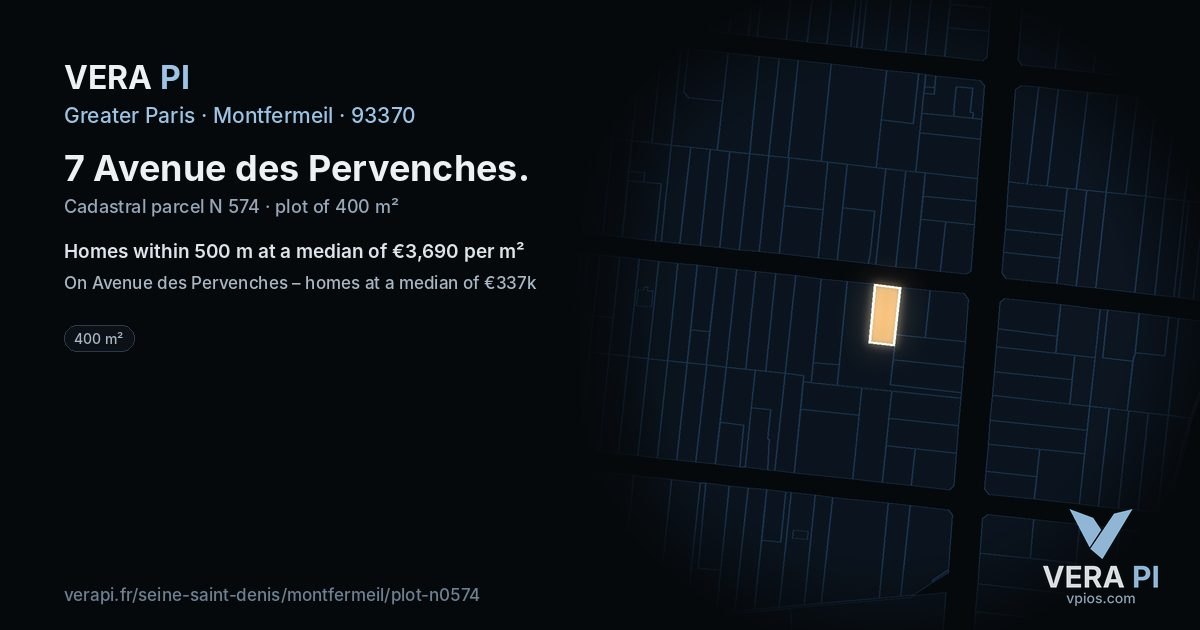7 Avenue des Pervenches, Montfermeil at night – the plot lit, the parcels around coloured by the prices near them