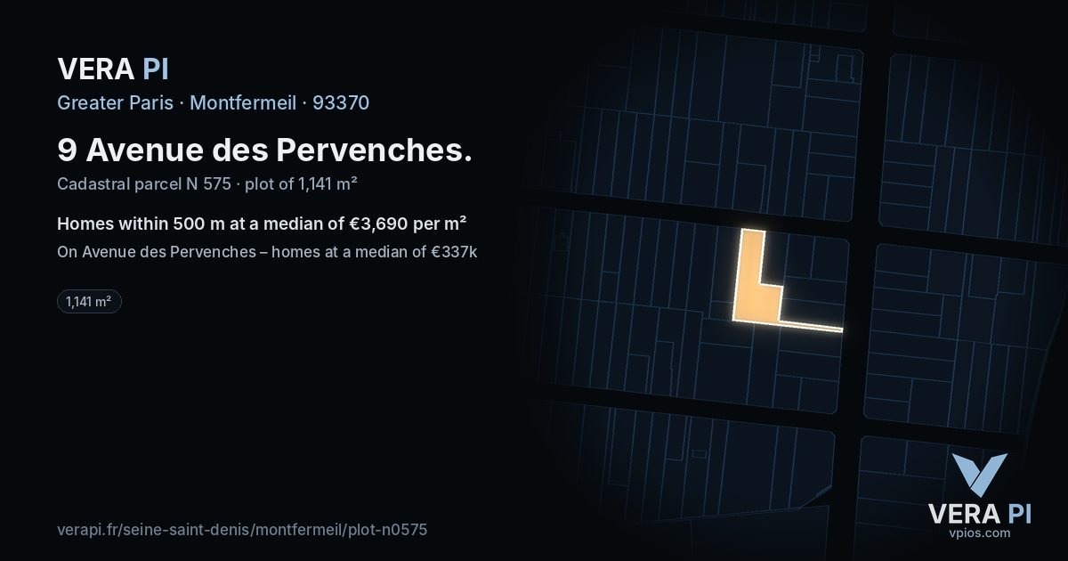 9 Avenue des Pervenches, Montfermeil at night – the plot lit, the parcels around coloured by the prices near them