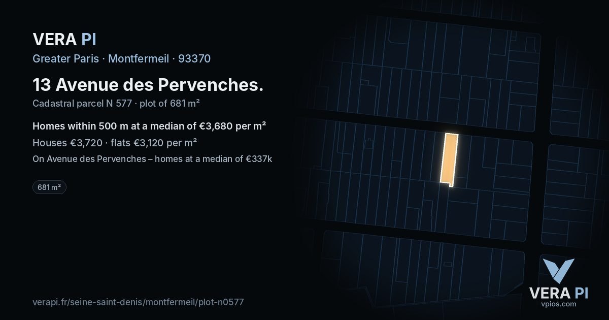 13 Avenue des Pervenches, Montfermeil at night – the plot lit, the parcels around coloured by the prices near them