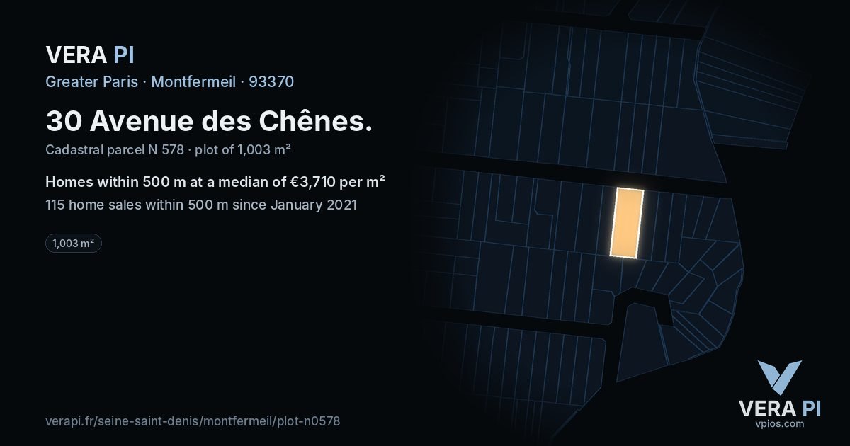30 Avenue des Chênes, Montfermeil at night – the plot lit, the parcels around coloured by the prices near them