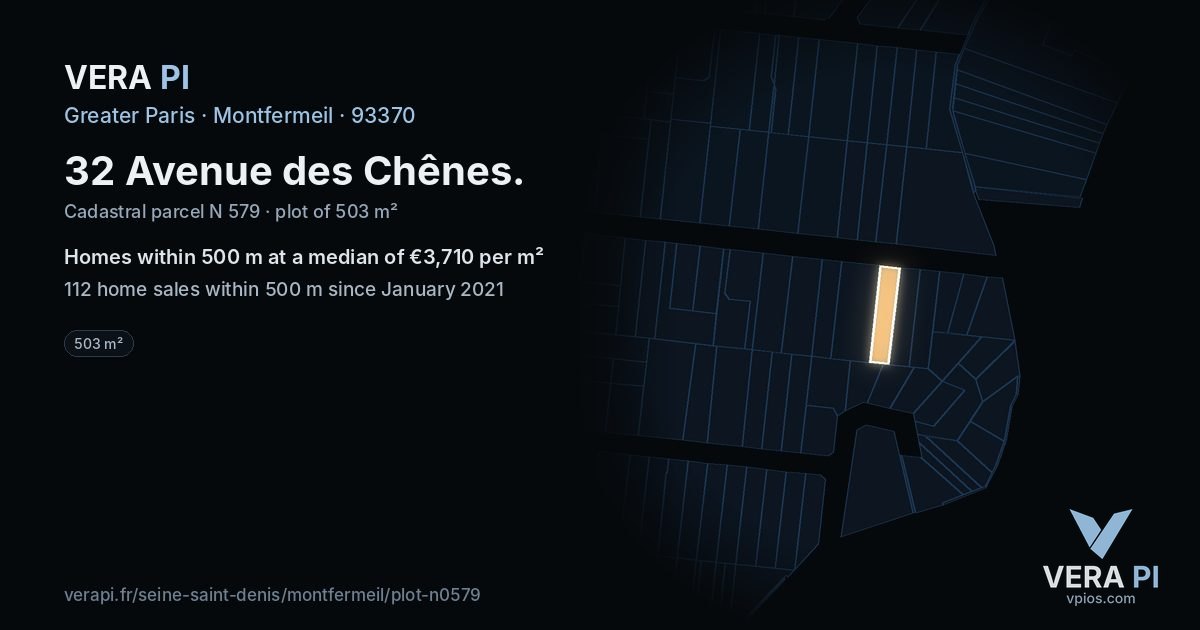 32 Avenue des Chênes, Montfermeil at night – the plot lit, the parcels around coloured by the prices near them