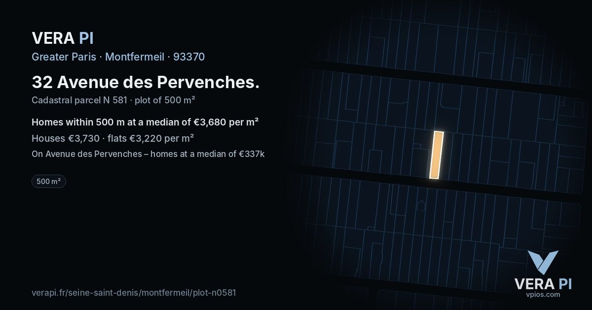 32 Avenue des Pervenches, Montfermeil at night – the plot lit, the parcels around coloured by the prices near them