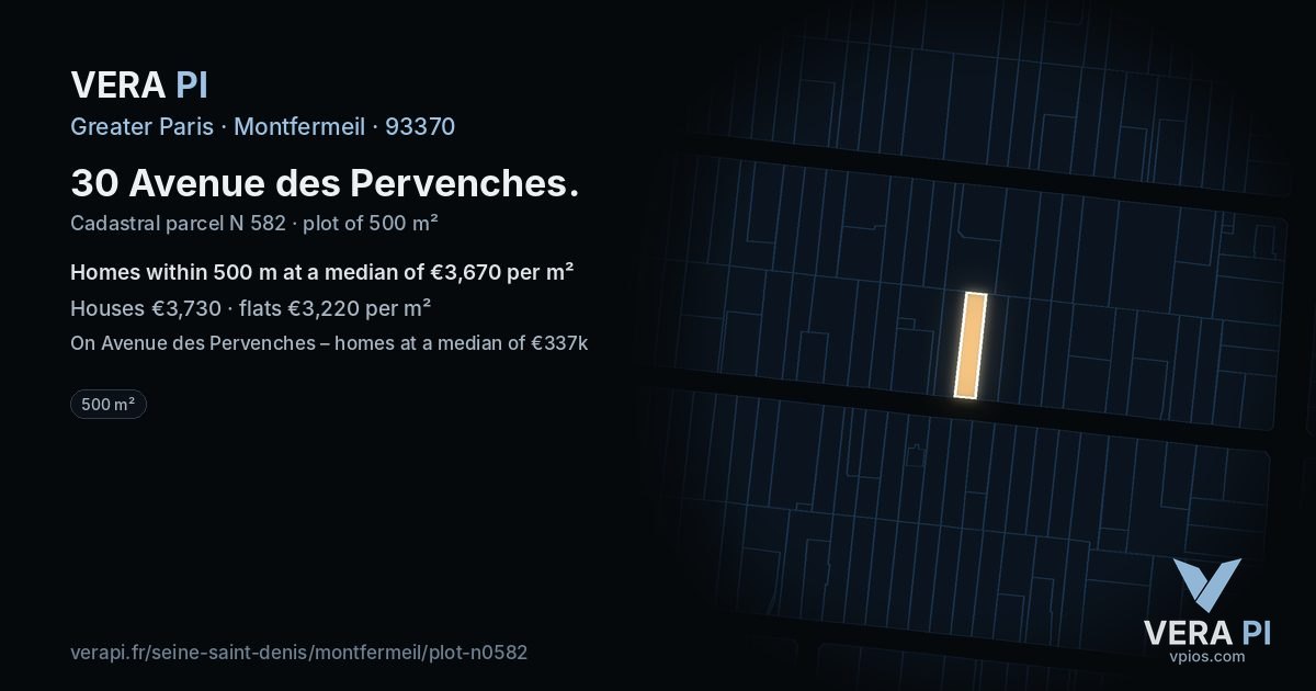 30 Avenue des Pervenches, Montfermeil at night – the plot lit, the parcels around coloured by the prices near them