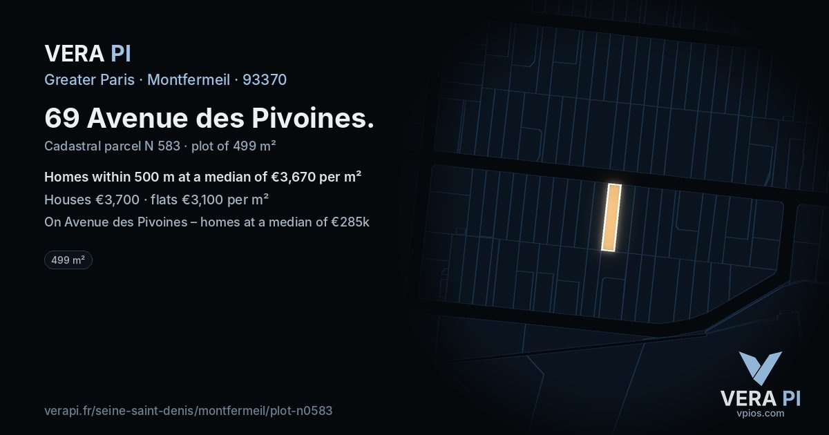 69 Avenue des Pivoines, Montfermeil at night – the plot lit, the parcels around coloured by the prices near them