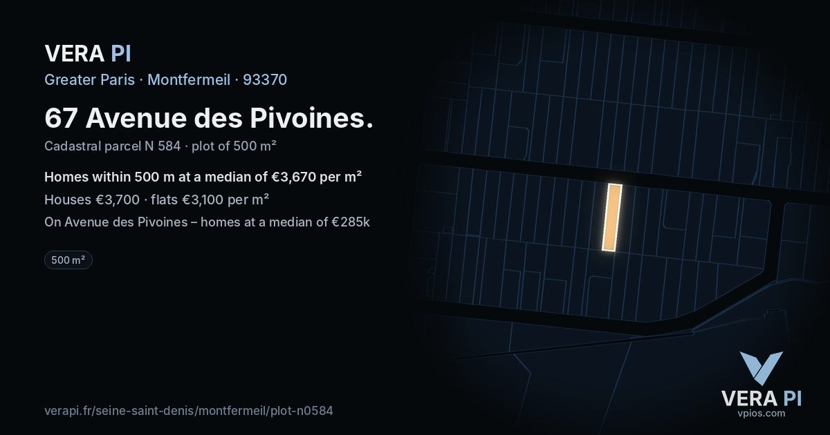 67 Avenue des Pivoines, Montfermeil at night – the plot lit, the parcels around coloured by the prices near them