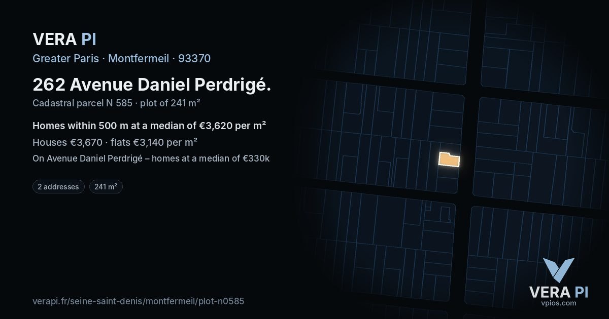 262 Avenue Daniel Perdrigé, Montfermeil at night – the plot lit, the parcels around coloured by the prices near them