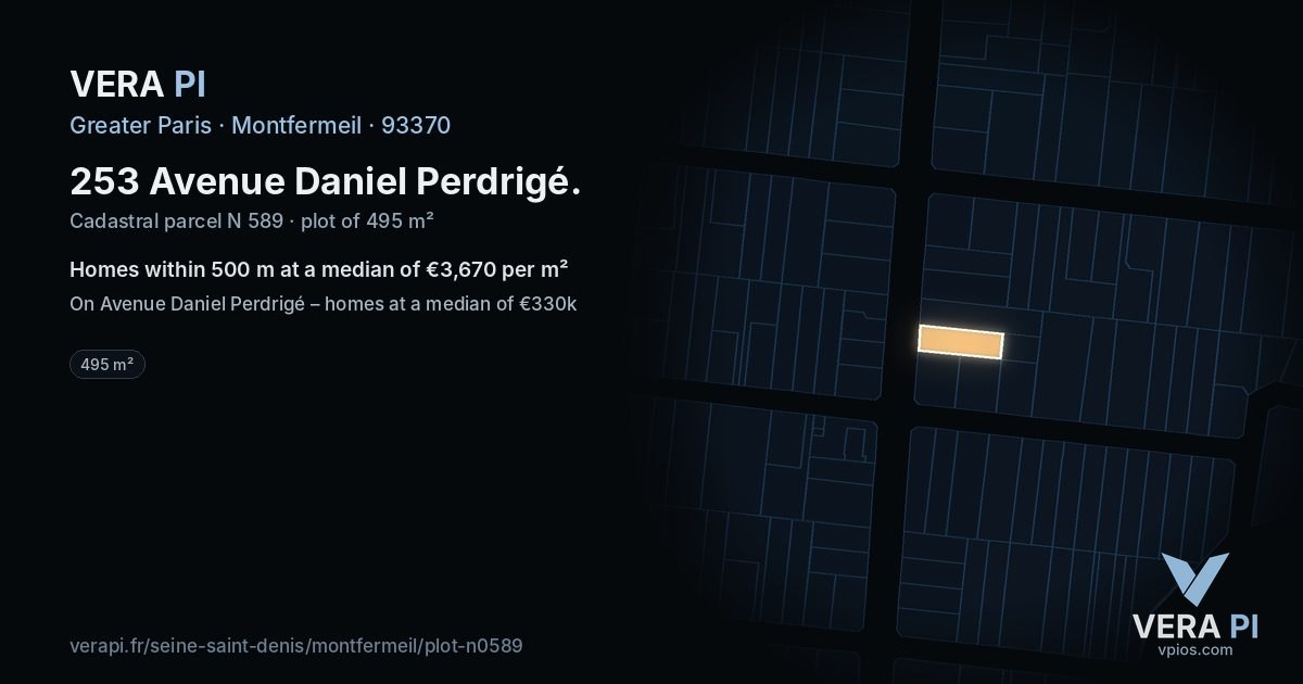 253 Avenue Daniel Perdrigé, Montfermeil at night – the plot lit, the parcels around coloured by the prices near them