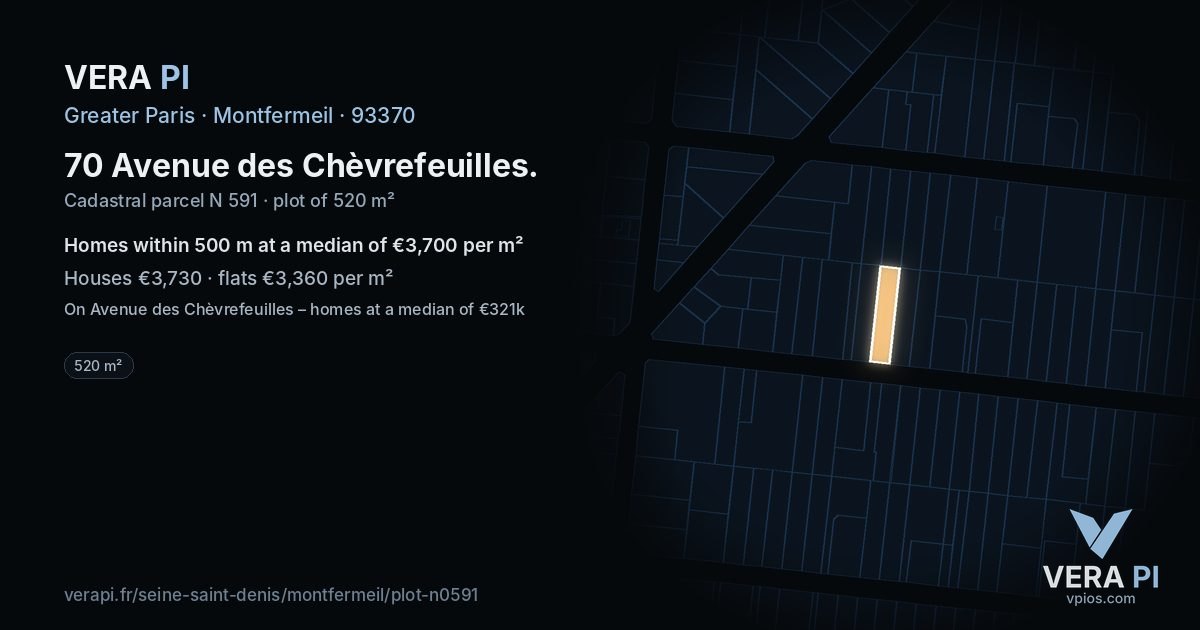 70 Avenue des Chèvrefeuilles, Montfermeil at night – the plot lit, the parcels around coloured by the prices near them
