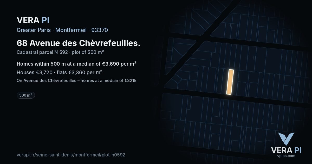 68 Avenue des Chèvrefeuilles, Montfermeil at night – the plot lit, the parcels around coloured by the prices near them