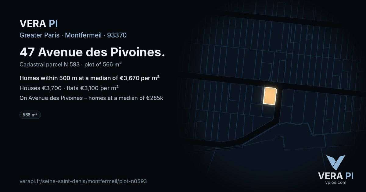 47 Avenue des Pivoines, Montfermeil at night – the plot lit, the parcels around coloured by the prices near them