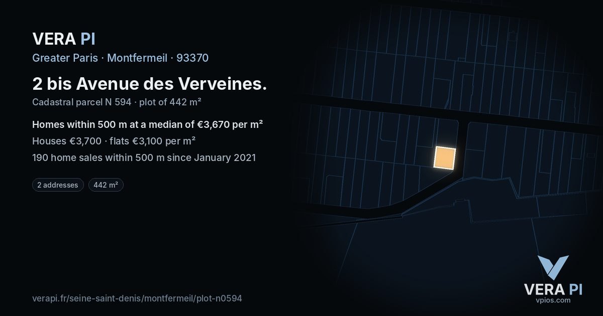 2 bis Avenue des Verveines, Montfermeil at night – the plot lit, the parcels around coloured by the prices near them