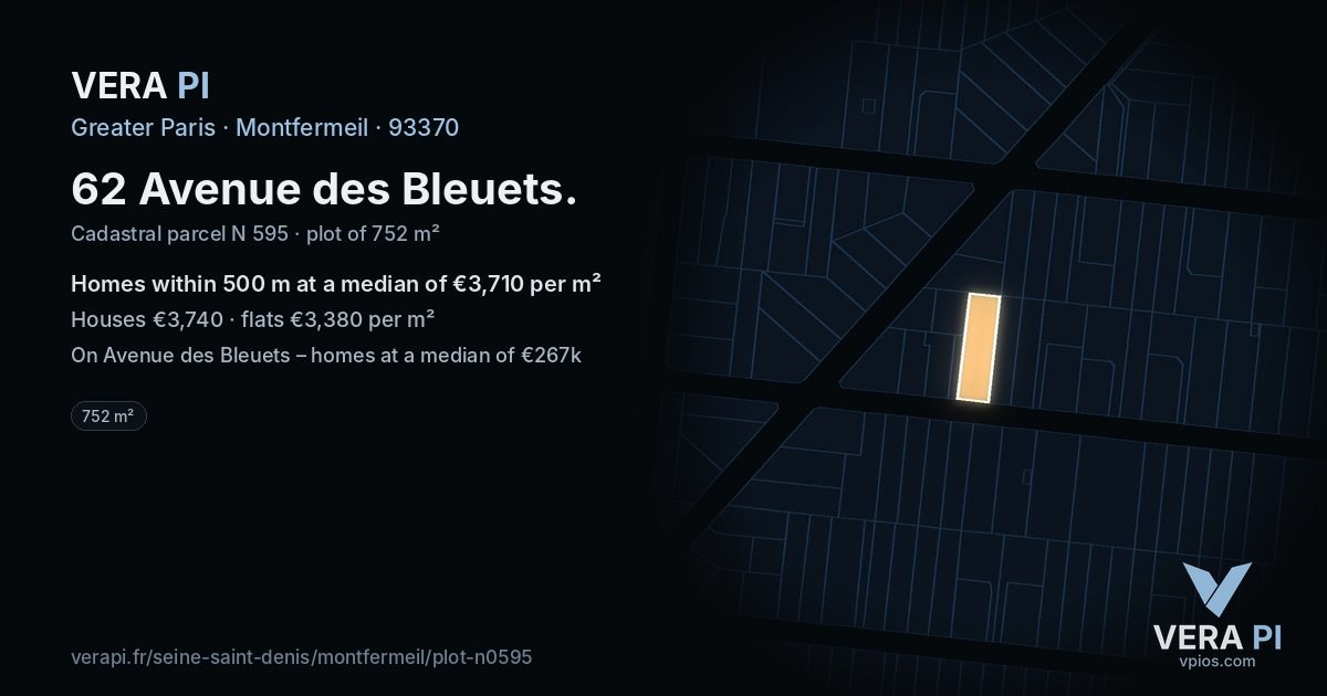 62 Avenue des Bleuets, Montfermeil at night – the plot lit, the parcels around coloured by the prices near them