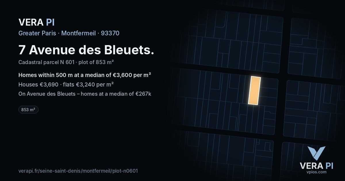 7 Avenue des Bleuets, Montfermeil at night – the plot lit, the parcels around coloured by the prices near them