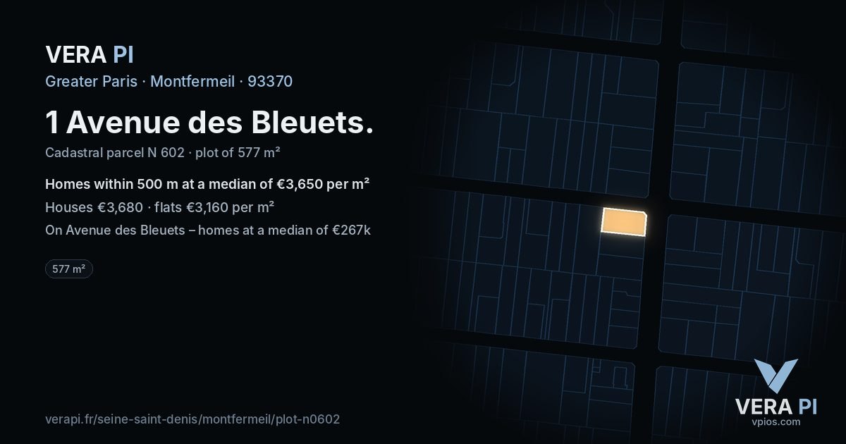 1 Avenue des Bleuets, Montfermeil at night – the plot lit, the parcels around coloured by the prices near them