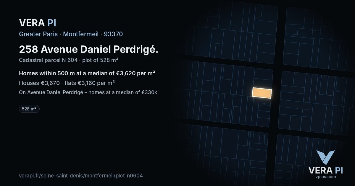 258 Avenue Daniel Perdrigé, Montfermeil at night – the plot lit, the parcels around coloured by the prices near them