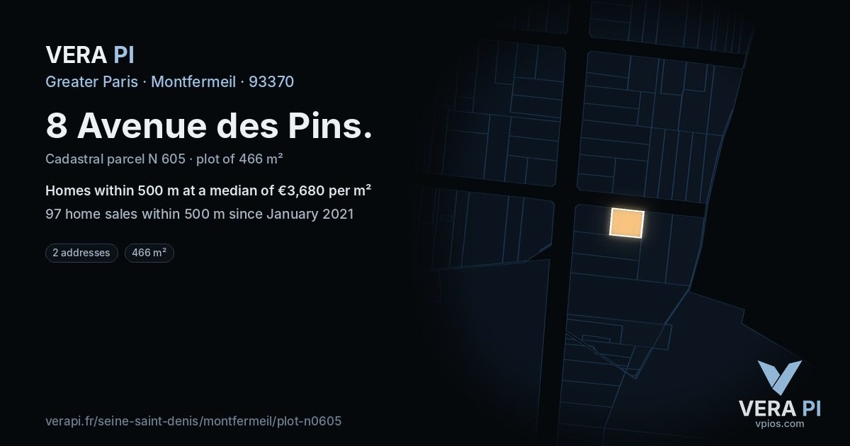 8 Avenue des Pins, Montfermeil at night – the plot lit, the parcels around coloured by the prices near them