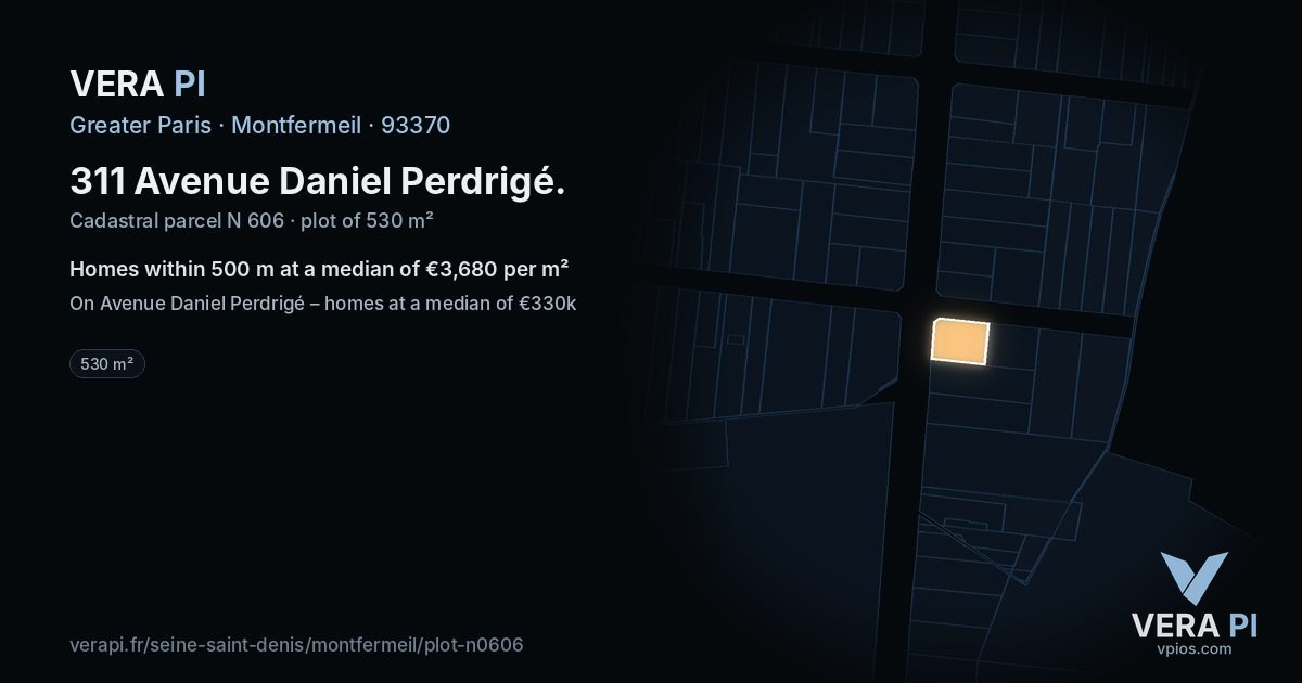 311 Avenue Daniel Perdrigé, Montfermeil at night – the plot lit, the parcels around coloured by the prices near them