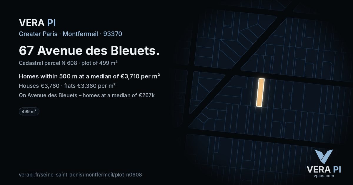 67 Avenue des Bleuets, Montfermeil at night – the plot lit, the parcels around coloured by the prices near them