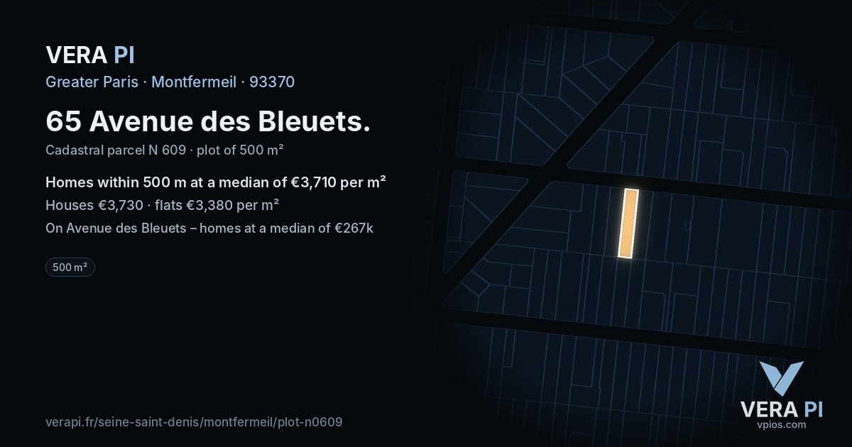 65 Avenue des Bleuets, Montfermeil at night – the plot lit, the parcels around coloured by the prices near them