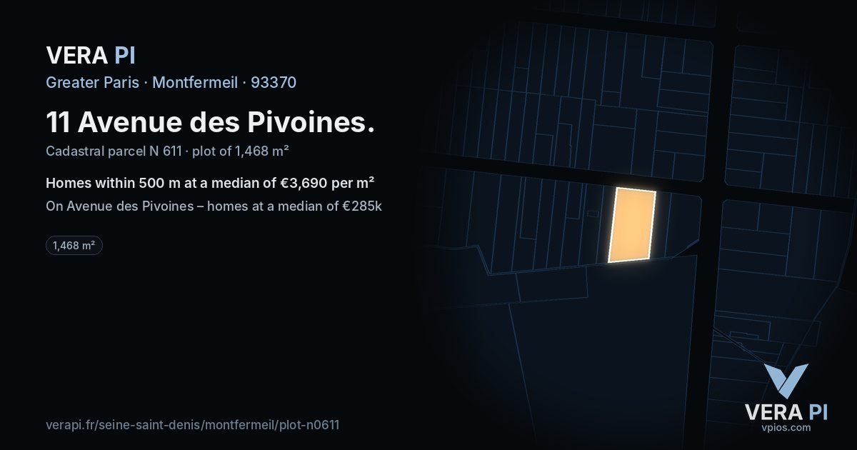 11 Avenue des Pivoines, Montfermeil at night – the plot lit, the parcels around coloured by the prices near them