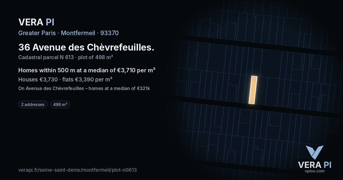 36 Avenue des Chèvrefeuilles, Montfermeil at night – the plot lit, the parcels around coloured by the prices near them