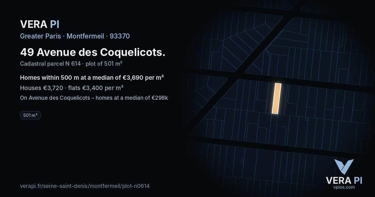 49 Avenue des Coquelicots, Montfermeil at night – the plot lit, the parcels around coloured by the prices near them