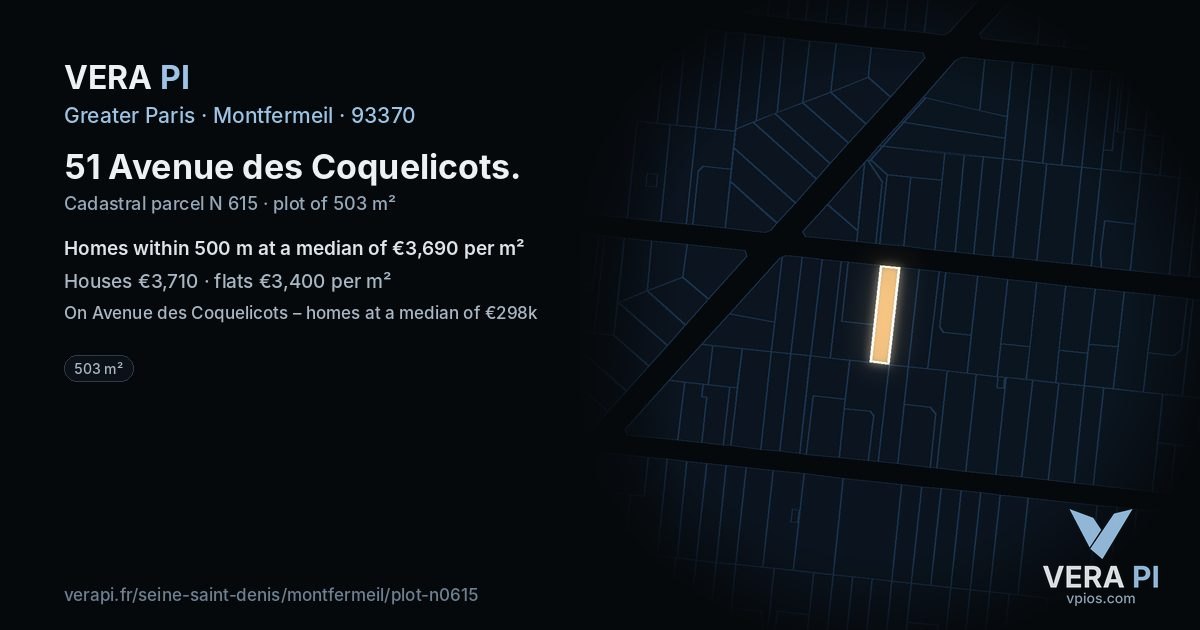 51 Avenue des Coquelicots, Montfermeil at night – the plot lit, the parcels around coloured by the prices near them