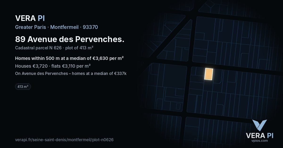 89 Avenue des Pervenches, Montfermeil at night – the plot lit, the parcels around coloured by the prices near them