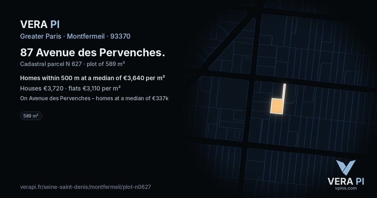87 Avenue des Pervenches, Montfermeil at night – the plot lit, the parcels around coloured by the prices near them