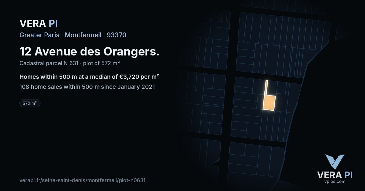 12 Avenue des Orangers, Montfermeil at night – the plot lit, the parcels around coloured by the prices near them