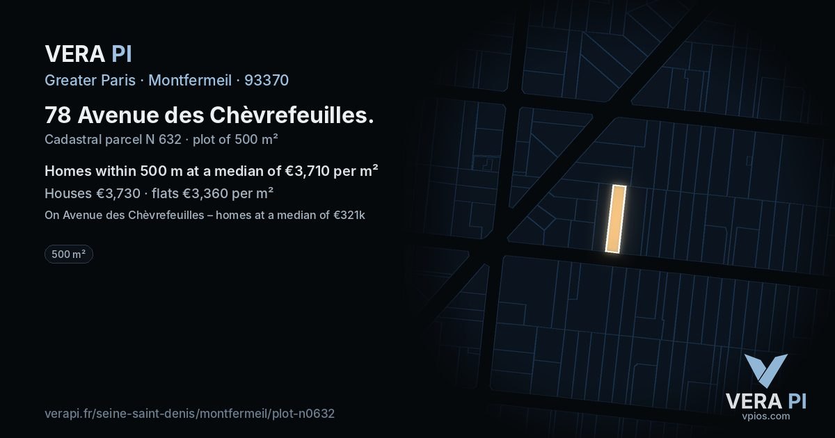 78 Avenue des Chèvrefeuilles, Montfermeil at night – the plot lit, the parcels around coloured by the prices near them
