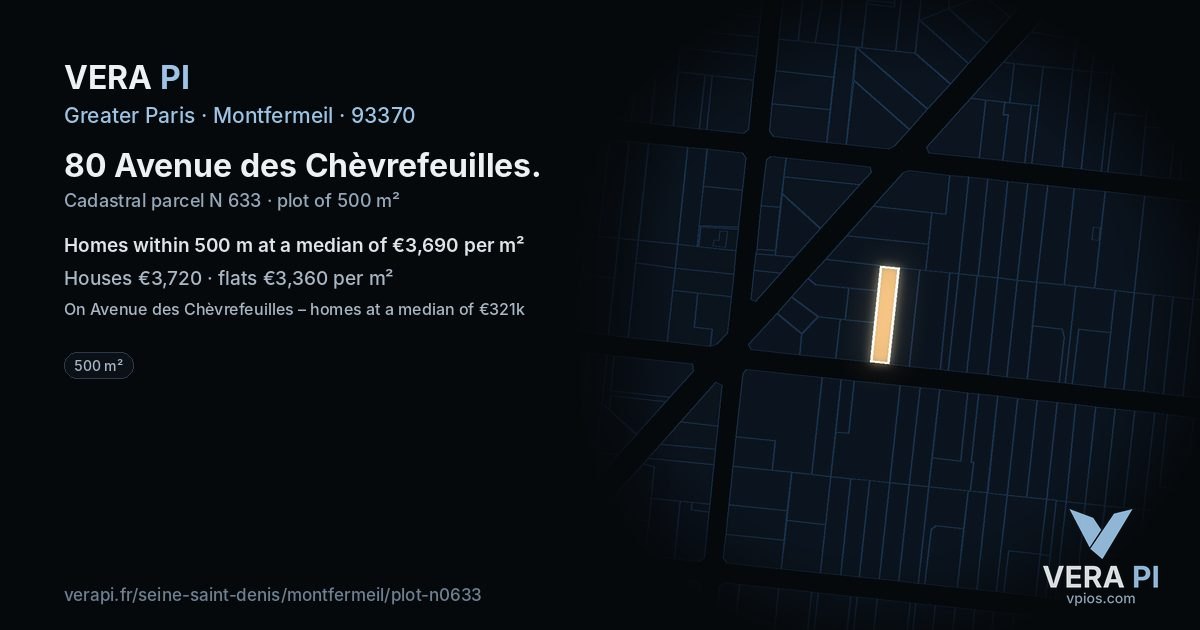 80 Avenue des Chèvrefeuilles, Montfermeil at night – the plot lit, the parcels around coloured by the prices near them