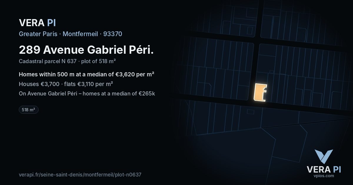 289 Avenue Gabriel Péri, Montfermeil at night – the plot lit, the parcels around coloured by the prices near them