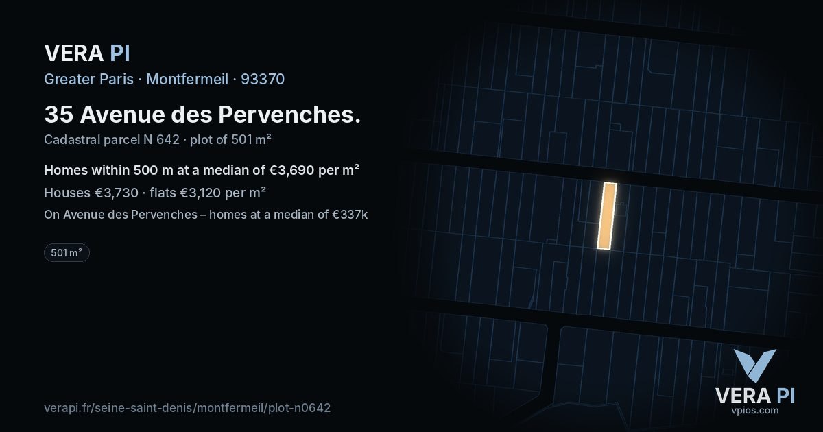 35 Avenue des Pervenches, Montfermeil at night – the plot lit, the parcels around coloured by the prices near them