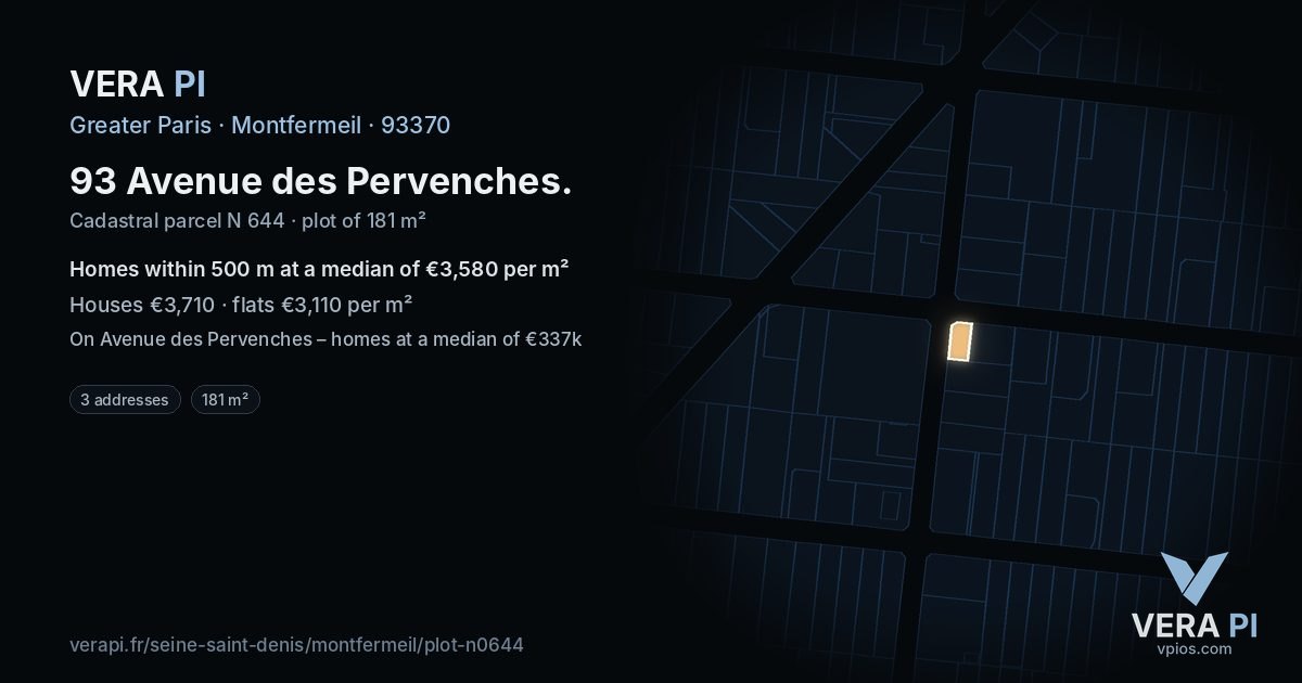 93 Avenue des Pervenches, Montfermeil at night – the plot lit, the parcels around coloured by the prices near them